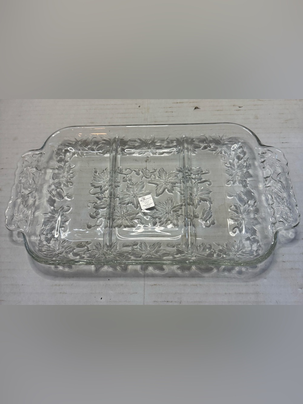 Princess House Fantasia Poinsettia Crystal Glass Divided Relish Dish #534 EUC